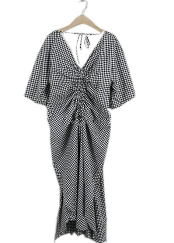 Classy V Neck Asymmetric Cotton Long Shirts Runway Plaid Dress