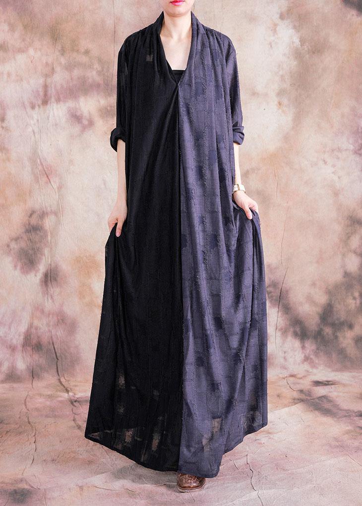 Classy V Neck Asymmetric Linen Outfit Black Patchwork Gray Dress Fall