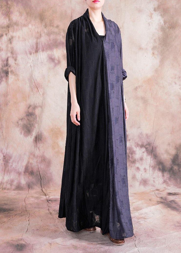 Classy V Neck Asymmetric Linen Outfit Black Patchwork Gray Dress Fall