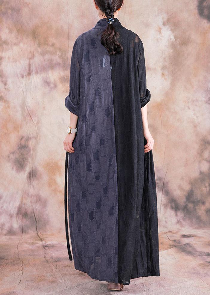Classy V Neck Asymmetric Linen Outfit Black Patchwork Gray Dress Fall