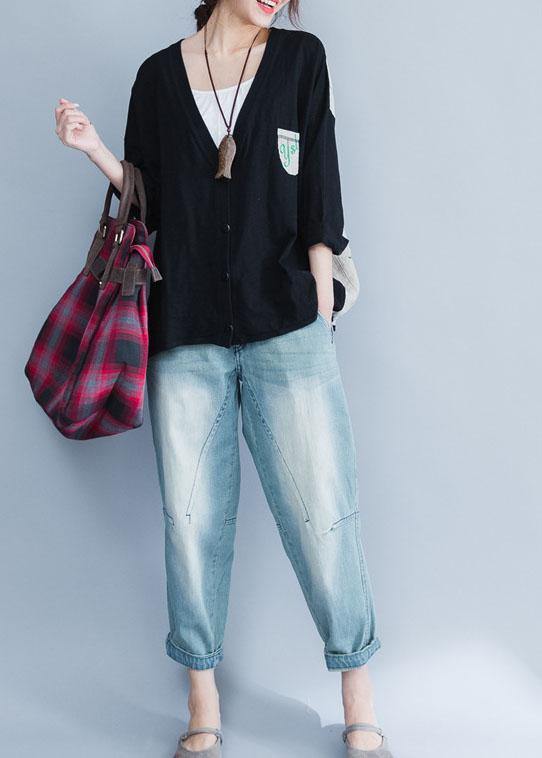Classy V Neck Cotton Tops Black Prints Shirts Summer
