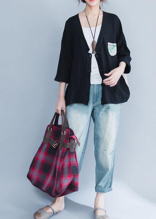 Classy V Neck Cotton Tops Black Prints Shirts Summer