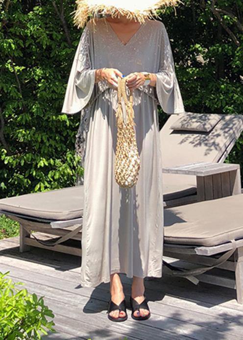 Classy V Neck Drawstring Cotton Clothes Gray Maxi Dresses