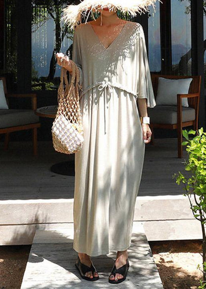 Classy V Neck Drawstring Cotton Clothes Gray Maxi Dresses