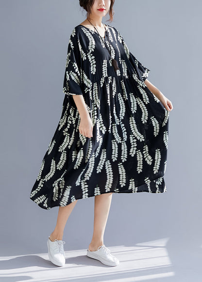 Classy V Neck Large Hem Linen Clothes for Catwalk Black Print Cotton Dresses Summer