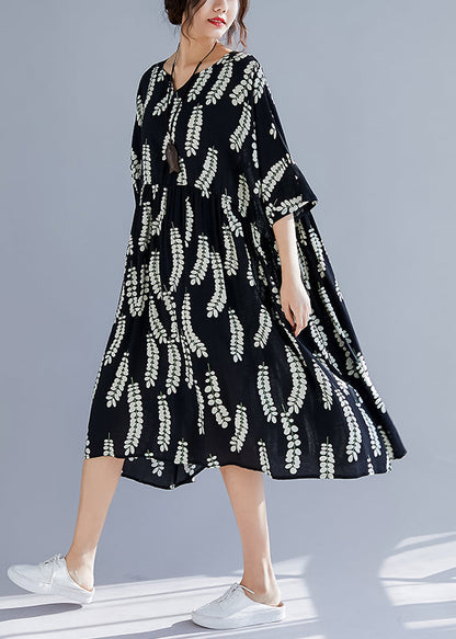 Classy V Neck Large Hem Linen Clothes for Catwalk Black Print Cotton Dresses Summer