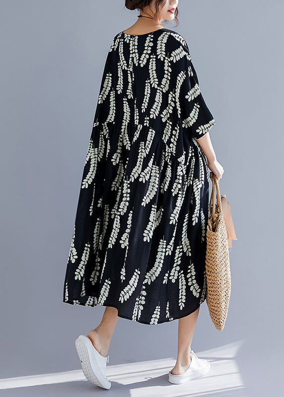 Classy V Neck Large Hem Linen Clothes for Catwalk Black Print Cotton Dresses Summer