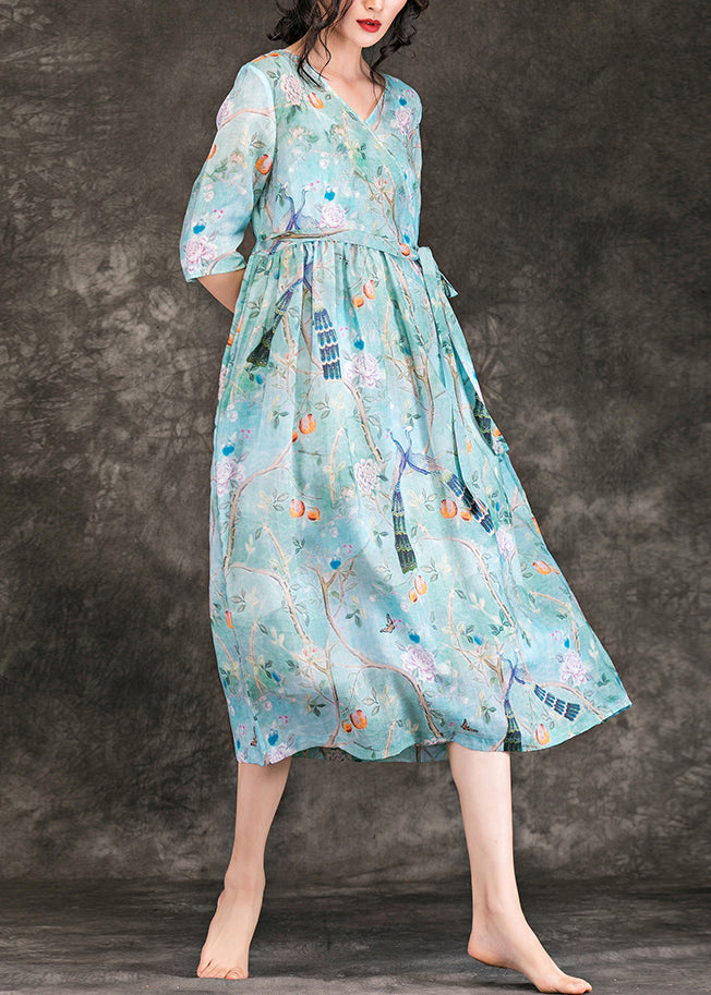 Classy V Neck Tie Waist Linen Dress Pakistani Work Light Blue Dress Summer