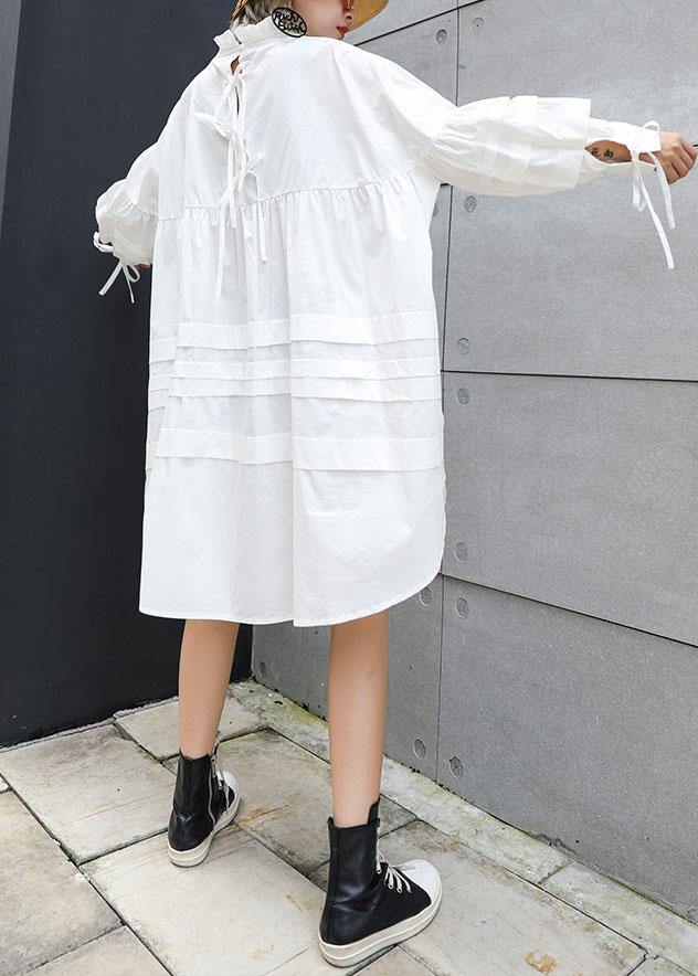 Classy White Cotton Tunic Top Puff Sleeve Short Fall Dresses