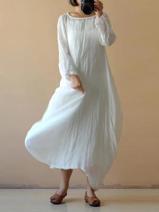 Classy White Cotton Clothes O Neck Asymmetric Spring Dresses