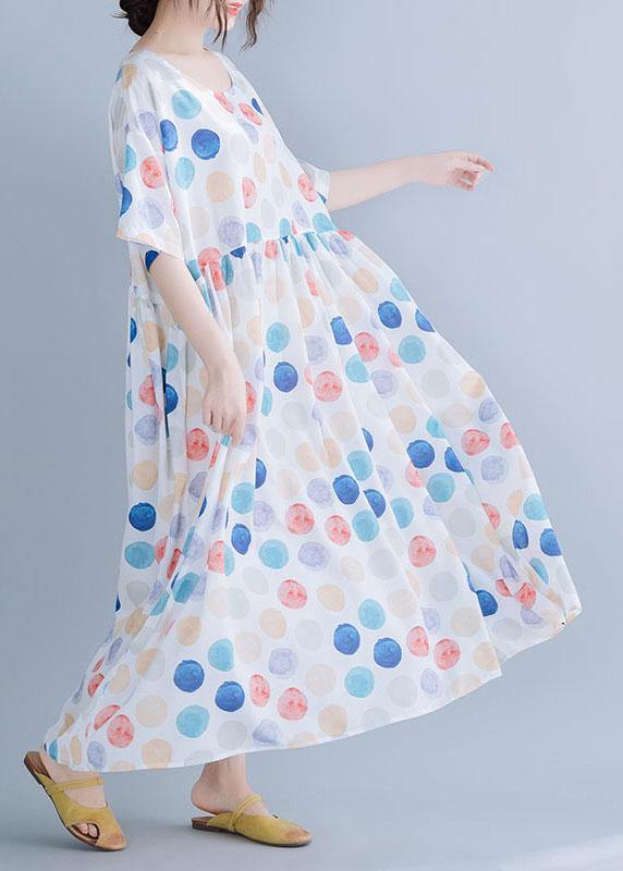 Classy White Dotted Cotton Clothes O Neck Cinched Maxi Summer Dress