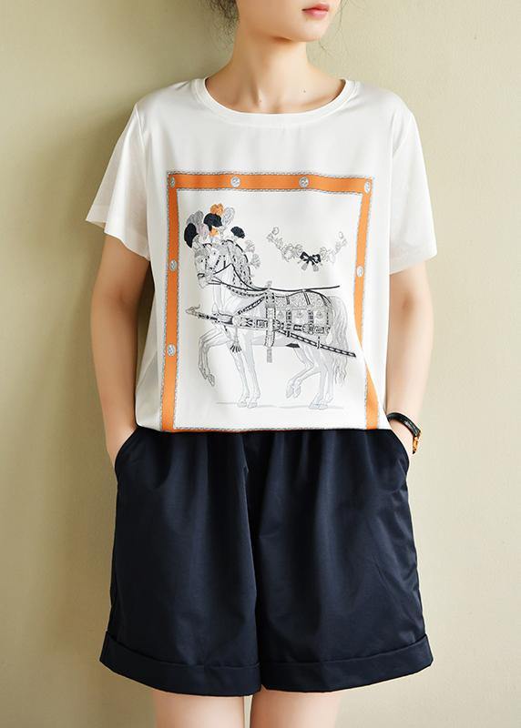 Classy White Print Clothes for O Neck Daily Summer Tops