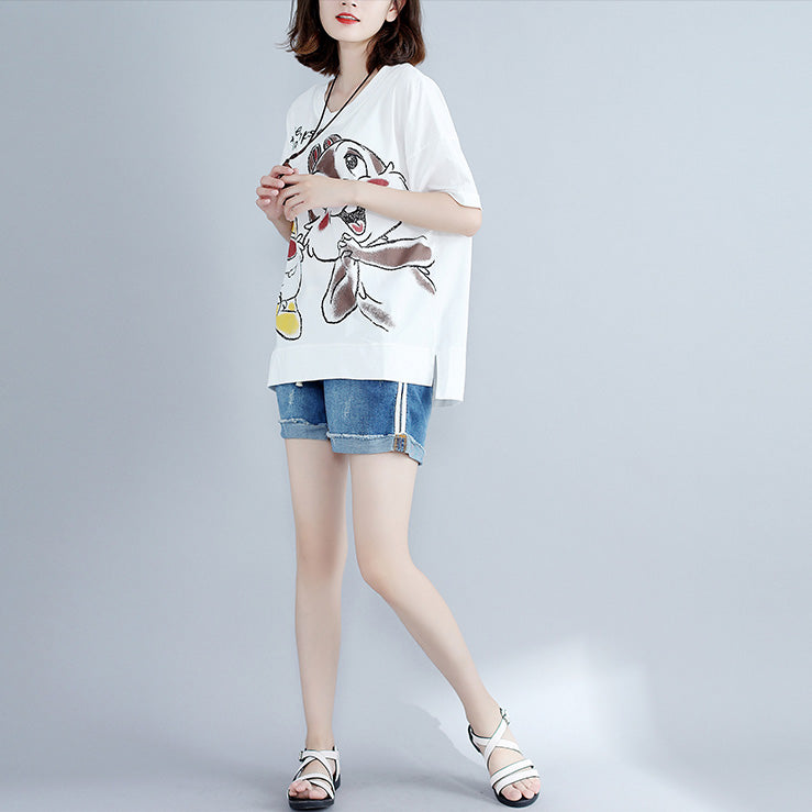 Classy White Print Cotton Clothes for Boutique Work O Neck Side Open Art Tops