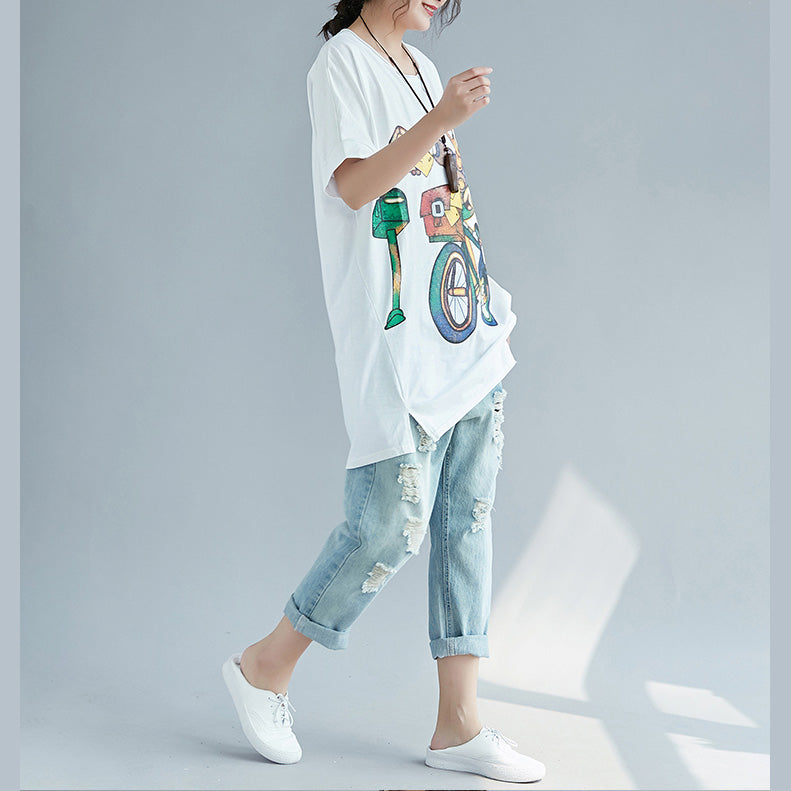 Classy White Print Cotton Top Silhouette Indian Fabrics O Neck Silhouette Shirts