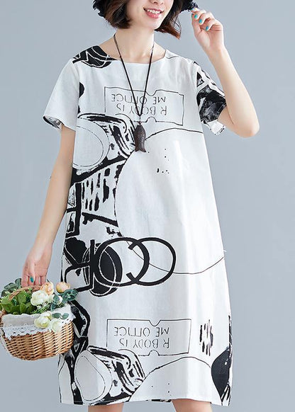 Classy Black Flower Linen Wardrobes O Neck Short Sleeve Shift Summer Dress