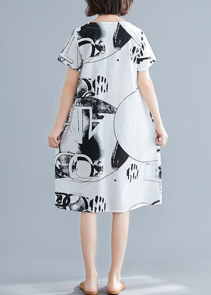 Classy White Print Linen Wardrobes O Neck Short Sleeve Shift Summer Dress