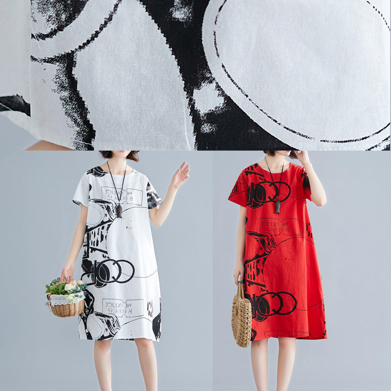 Classy Red Geometry Linen Wardrobes O Neck Short Sleeve Shift Summer Dress