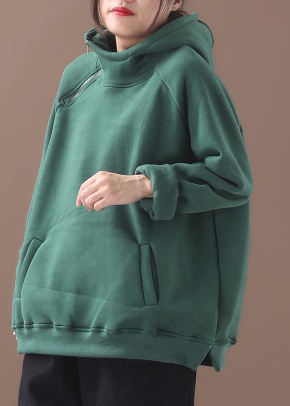 Classy Zippered Cotton Hooded Blouses for Inspiration Green Thick Blouse