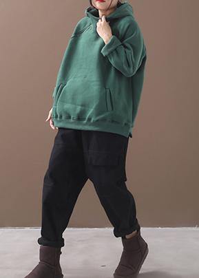 Classy Zippered Cotton Hooded Blouses for Inspiration Green Thick Blouse