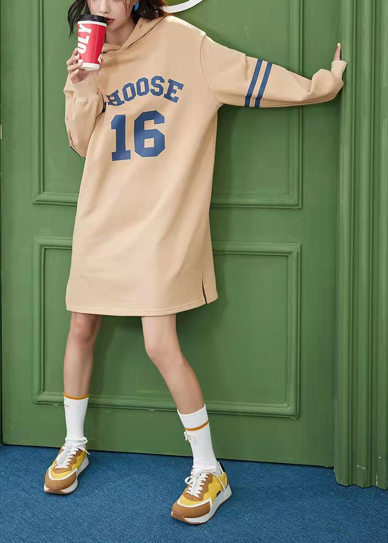 Classy Khaki Drawstring Print Side Open Sweatshirt Spring Dress