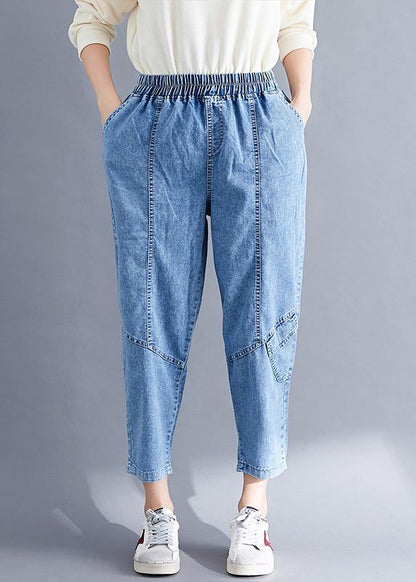 Classy Spring Pants Denim Blue Photography Elastic Waist Patchwork Pant