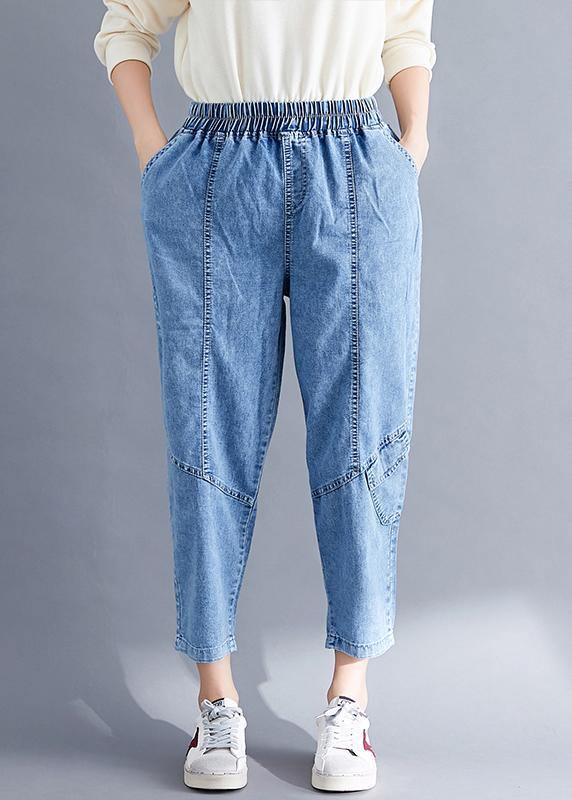 Classy Spring Pants Denim Blue Photography Elastic Waist Patchwork Pant