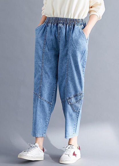 Classy Spring Pants Denim Blue Photography Elastic Waist Patchwork Pant