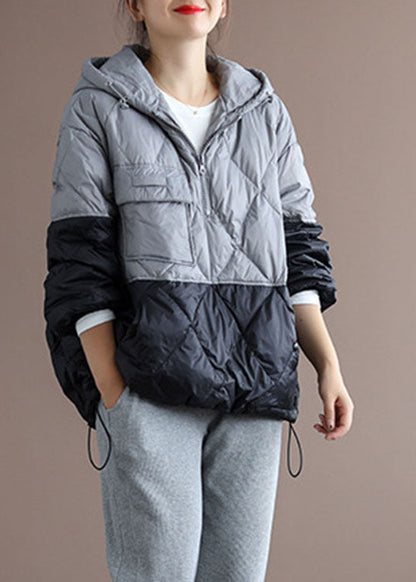 Club Beige Patchwork Orange Zippered Pockets Duck Down Winter Down Jacket