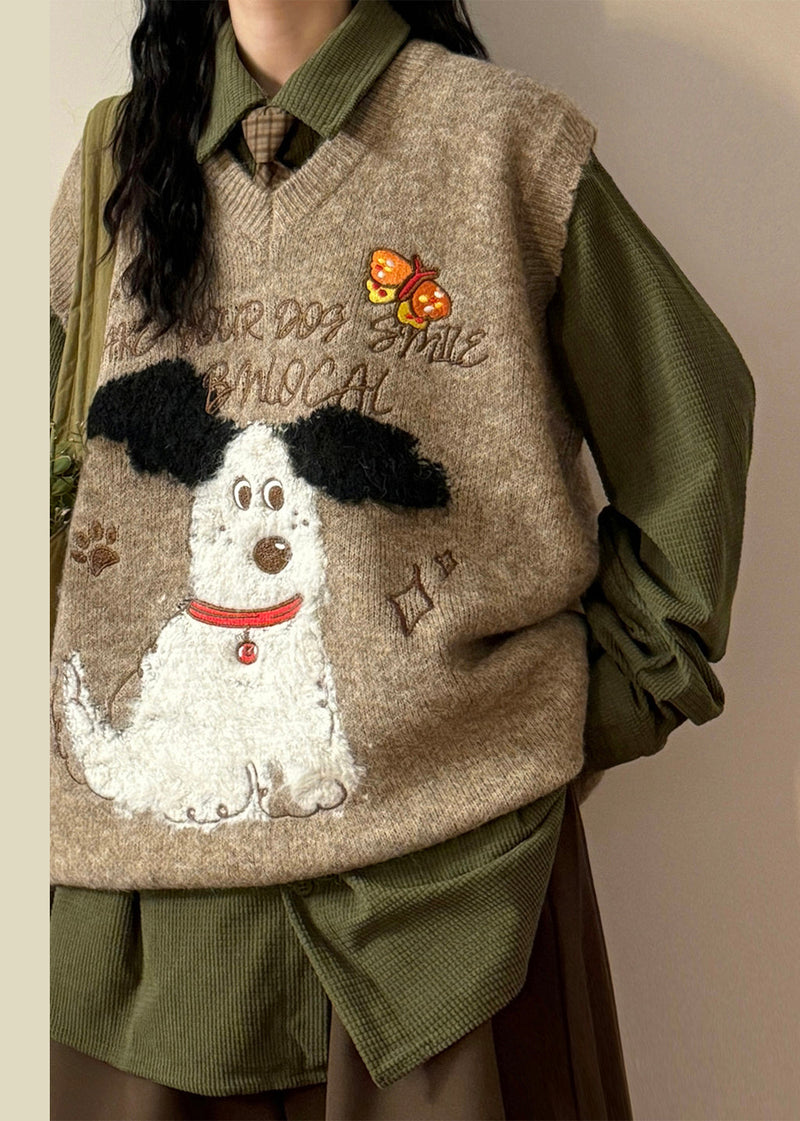 Coffee Animal Letter Knit Vest V Neck Sleeveless