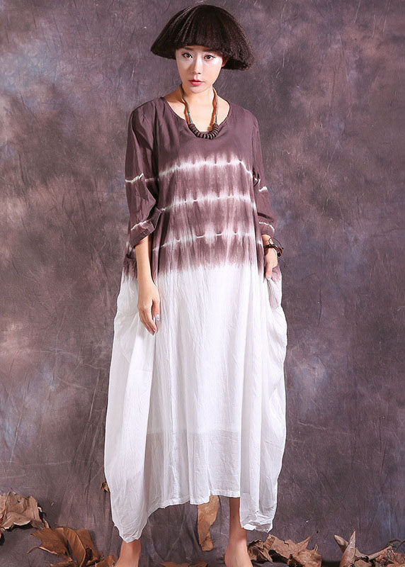 Chocolate Asymmetrical Gradient Color Cotton Long Dresses Three Quarter Sleeve