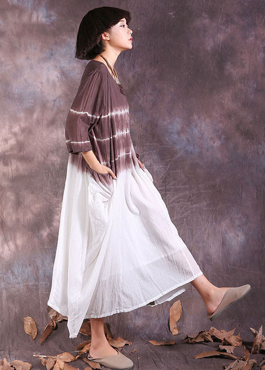Chocolate Asymmetrical Gradient Color Cotton Long Dresses Three Quarter Sleeve