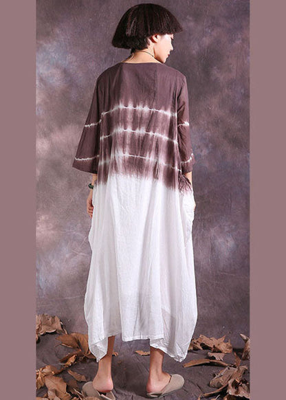 Chocolate Asymmetrical Gradient Color Cotton Long Dresses Three Quarter Sleeve