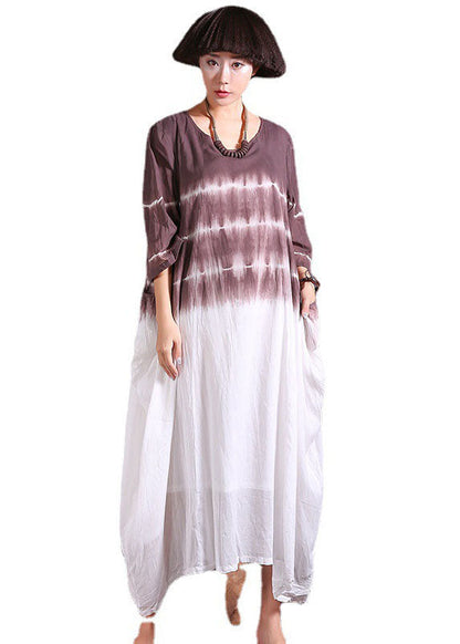 Chocolate Asymmetrical Gradient Color Cotton Long Dresses Three Quarter Sleeve