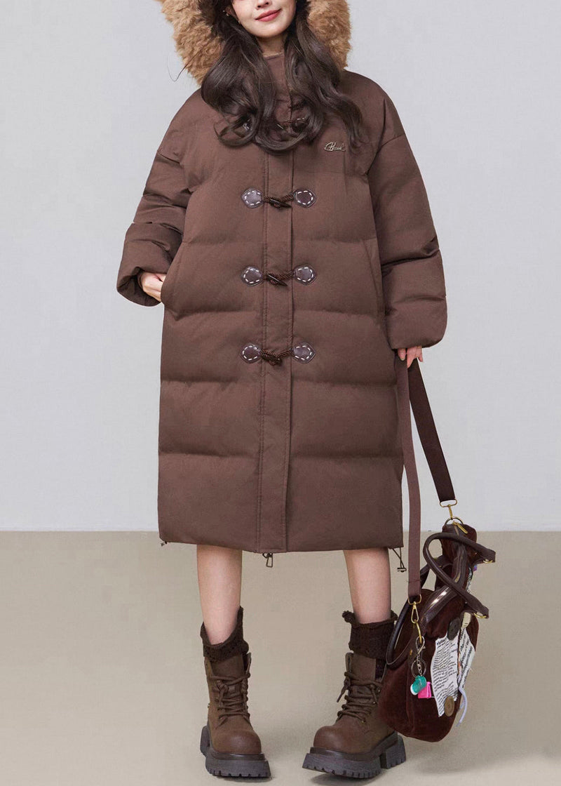 Coffee Button Fluffy Patchwork Cotton Filled Winter Long Parkaer Hooded