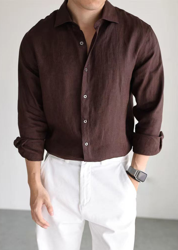 Coffee Button Linen Fall Shirt Peter Pan Collar