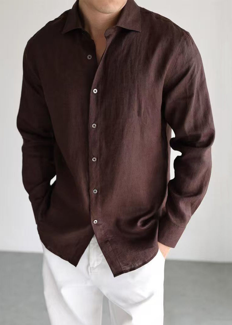 Coffee Button Linen Fall Shirt Peter Pan Collar