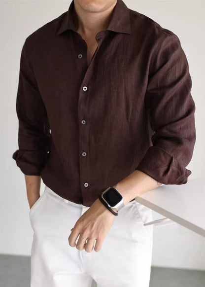 Coffee Button Linen Fall Men Shirt Peter Pan Collar