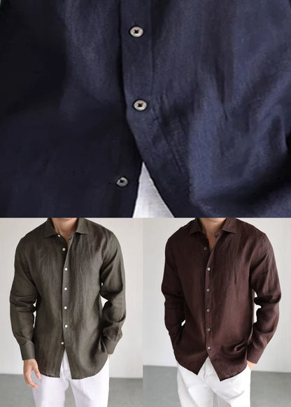 Coffee Button Linen Fall Men Shirt Peter Pan Collar