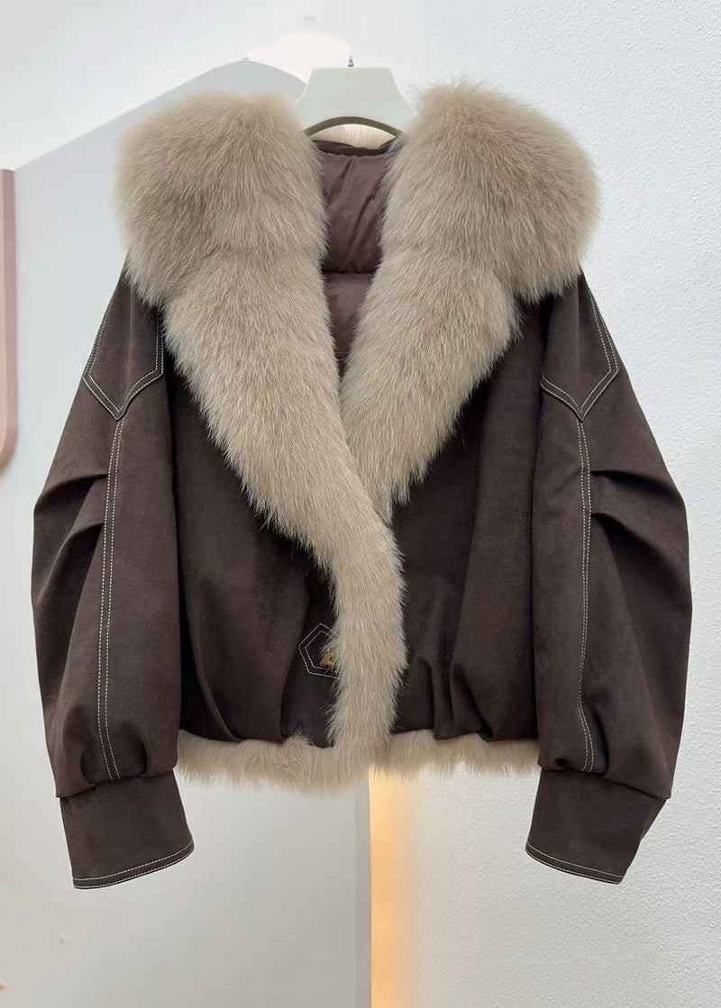 Coffee Button Pockets Fine Cotton Fur Collar
