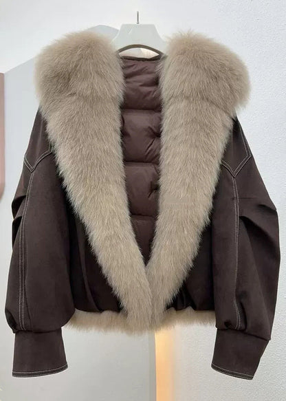 Coffee Button Pockets Fine Cotton Fur Collar