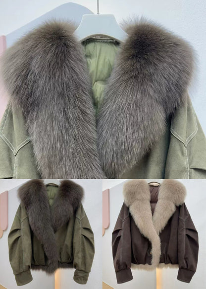 Coffee Button Pockets Fine Cotton Fur Collar