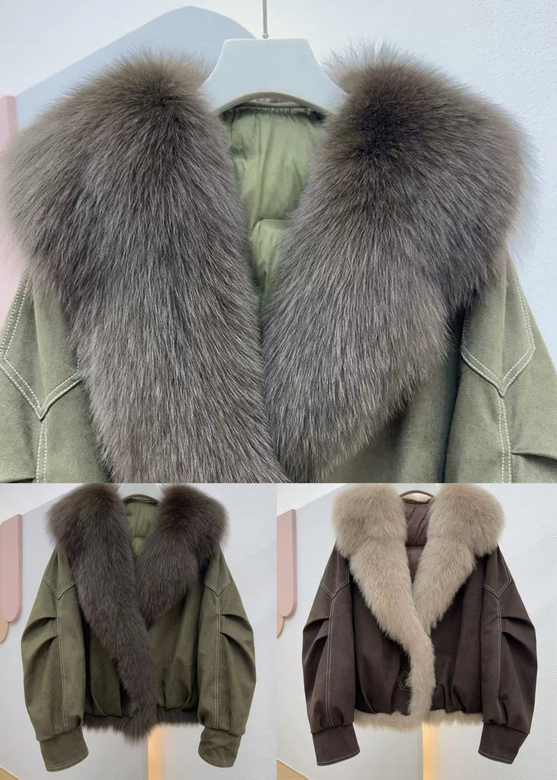Coffee Button Pockets Fine Cotton Fur Collar