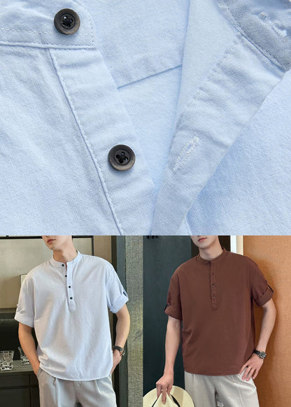 Coffee Button Cotton Summer Shirts Stand Collar