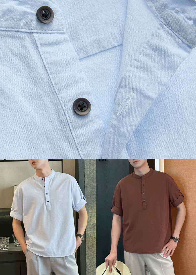 Coffee Button Cotton Summer Shirts Stand Collar