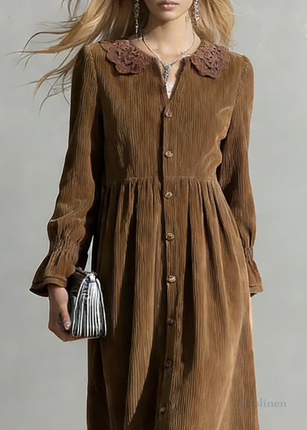 Coffee Button Oversized Corduroy Shirts Dress Peter Pan Collar