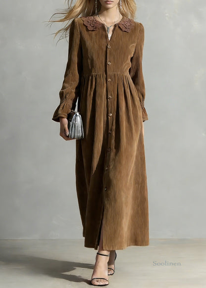 Coffee Button Oversized Corduroy Shirts Dress Peter Pan Collar