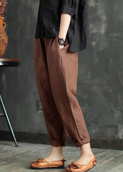Coffee Elastic Waist Linen Crop Pants