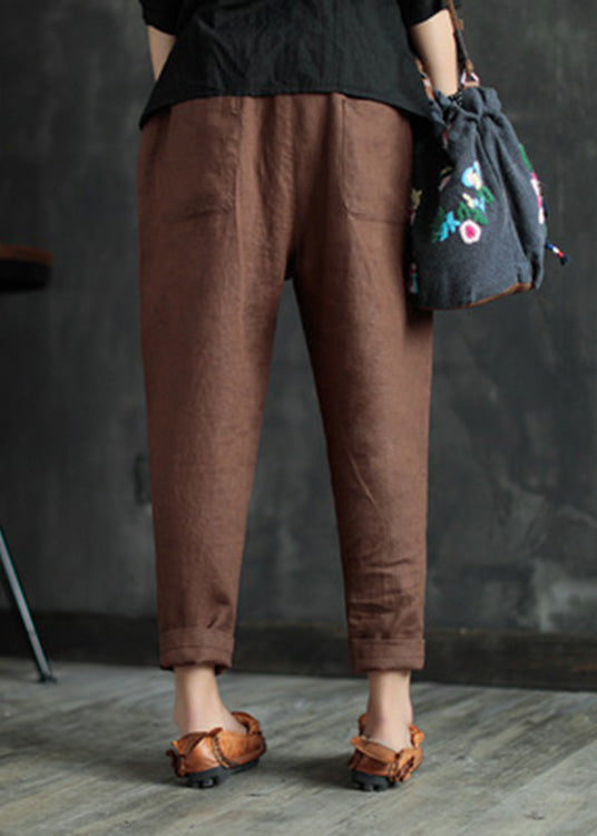 Coffee Elastic Waist Linen Crop Pants