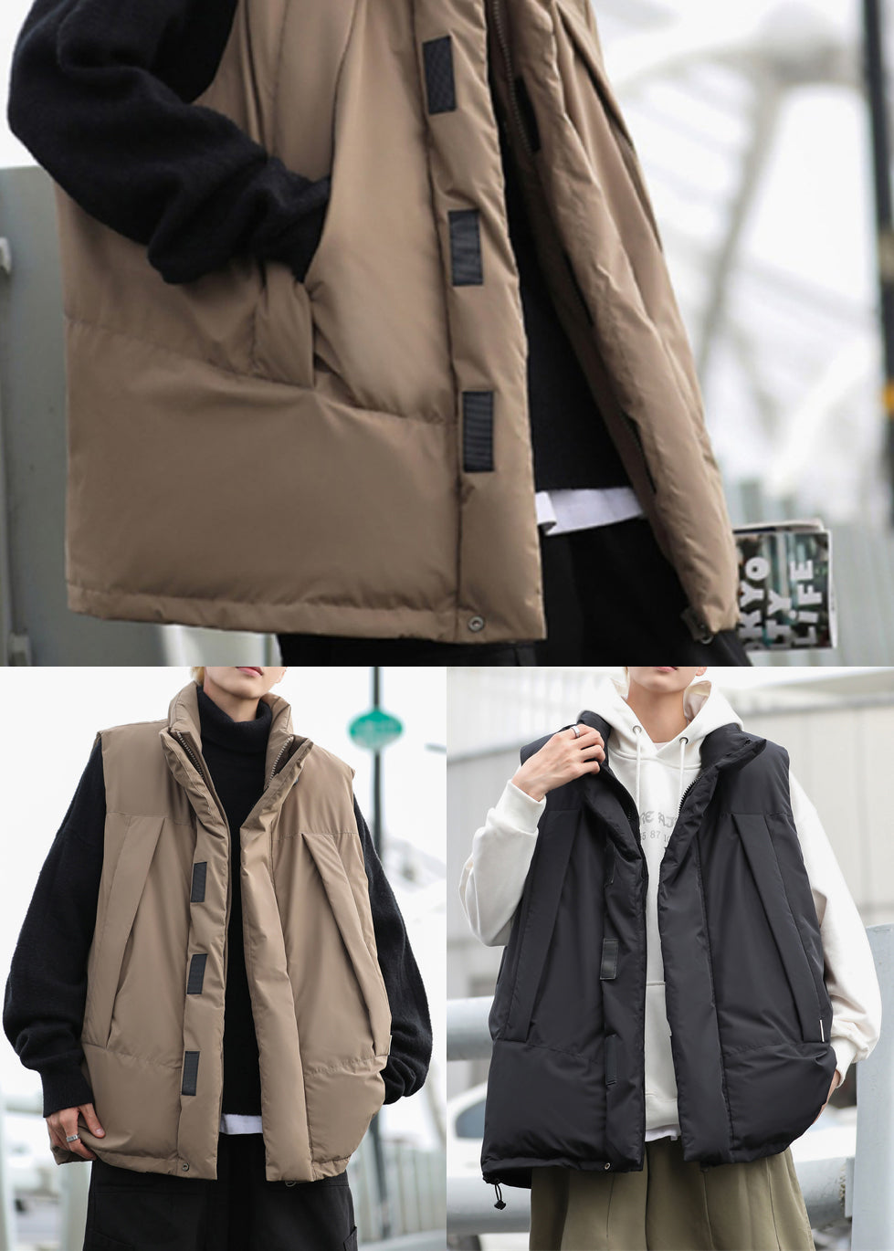 Coffee Fine Cotton Filled Puffers Vests Oversized Drawstring Winter
