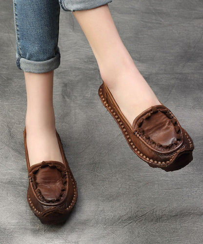 Coffee Flat Shoes for Splicing Cowhide Leather